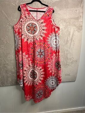 Coral Pink Sleeveless Medallion Print Sundress ~ Boho, Beach,